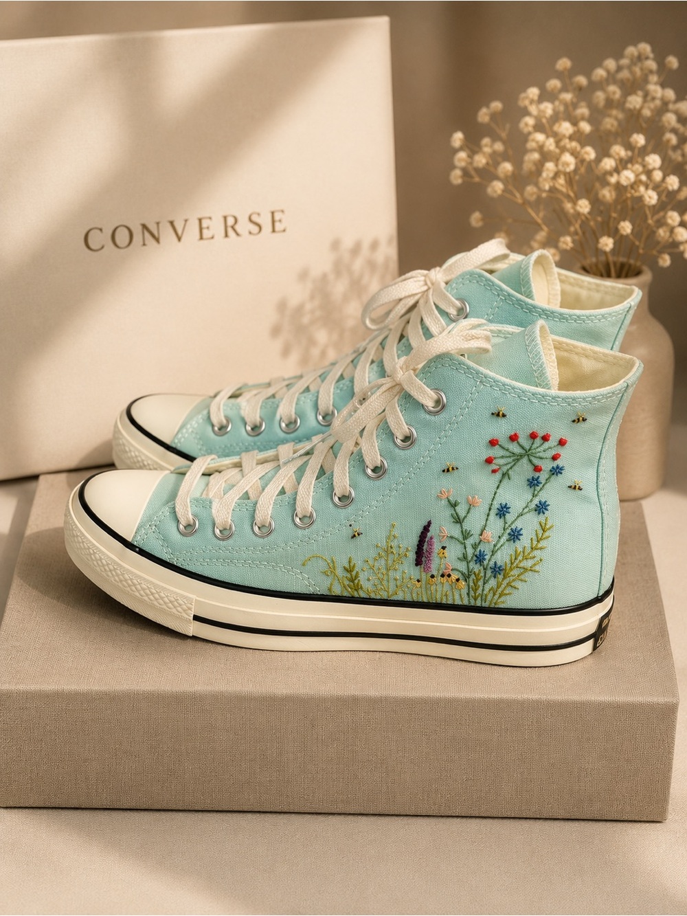 Converse High Top Sneakers in Aqua with Floral Embroidery